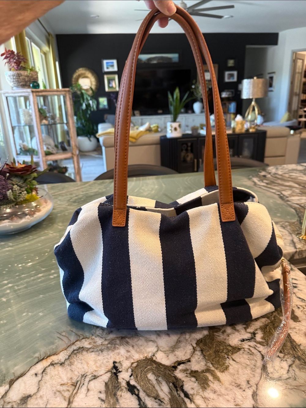 Striped Navy and White Canvas Tote with Brown Leather Handles